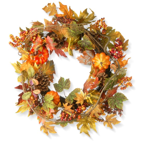 24&#x27;&#x27; Decorated Maple Leaf with Pumpkins Wreath
